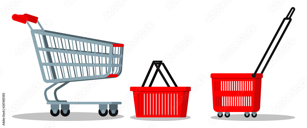 Empty supermarket chrome metal trolley cart with wheels, red plasyic  shopping basket icon set for goods isolated on white background. Vector  cartoon flat style illustration, element of graghic design. Stock Vector |