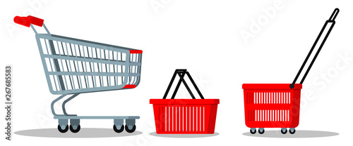 Empty supermarket chrome metal trolley cart with wheels, red plasyic shopping basket icon set for goods isolated on white background. Vector cartoon flat style illustration, element of graghic design.