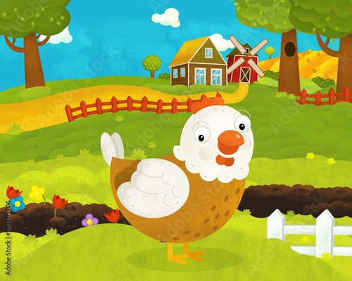 cartoon happy and funny farm scene with happy rooster chicken or hen - illustration for children