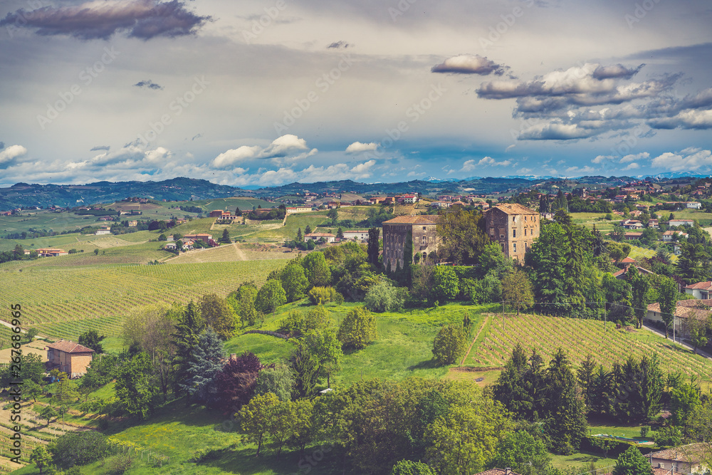Langhe Monferrato wine area of Piedmont, Italy. Wine tasting region. Famous italian vineyards