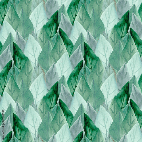 Fresh seamless pattern with watercolor green leaves (forest imitation). 