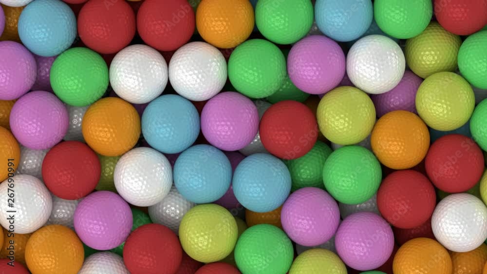 Animated close up top view and flying over pile of a lot of colorful golf balls lying in large container or as if moving on conveyor belt. Animated close up top view and flying over pile of a lot of colorful golf balls lying in large container or as if moving on conveyor belt.