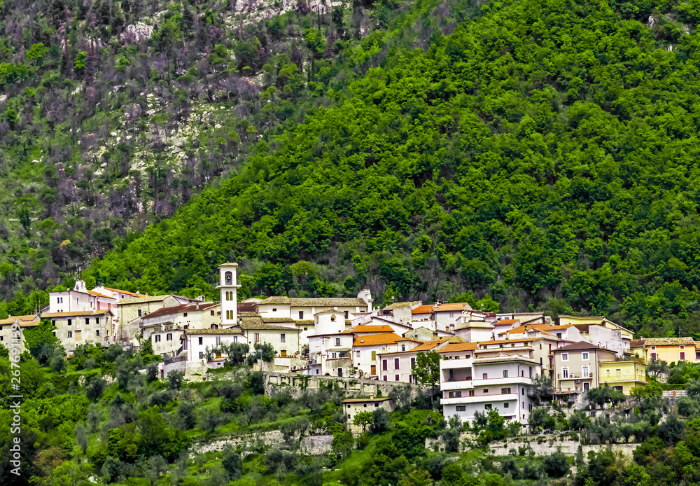landscape of Posta Fibreno small town amid Italian Apennine mountains