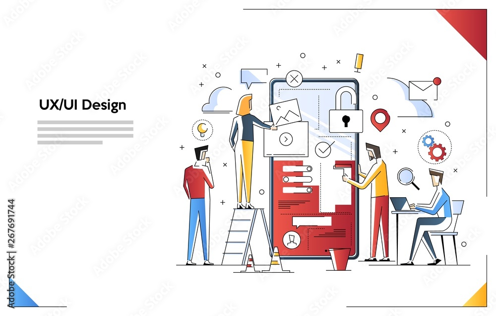 Modern flat line art concept of Build apps and websites UX UI design. Small people characters build apps. Modern flat line art concept of Build apps and websites UX UI design. Small people characters build apps.