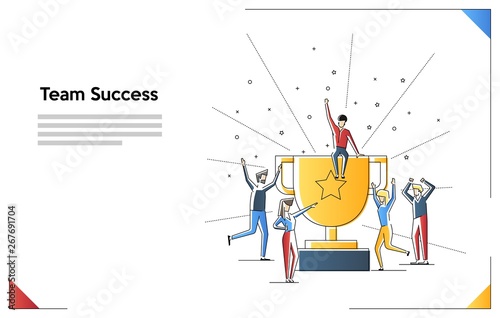 Team success. Teamwork. Together. Miniature people. Flat line art vector illustration isolated on white background.