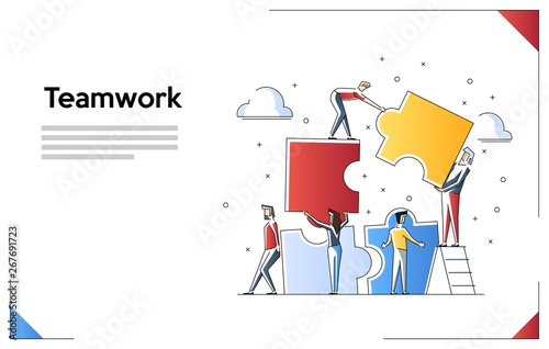 Teamwork concept banner. Can use for web banner, infographics, hero images. Flat line art vector illustration isolated on white background.