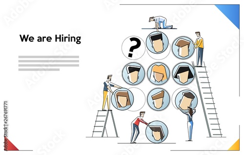 Vector business graph, open vacancy, business company is looking for an employee for a job, flat line art, creative illustrations, businessmen are considering a resume