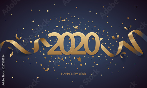 Happy New Year 2020. Golden numbers with ribbons and confetti on a dark blue background.