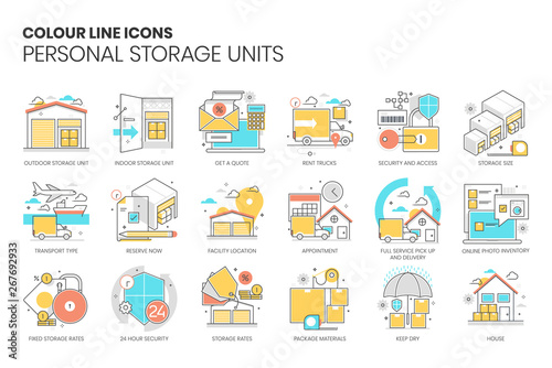 Personal storage unit related, color line, vector icon set for application and website development. The flat icon can be used as an illustration, background concept, graphics design, sign and symbol.