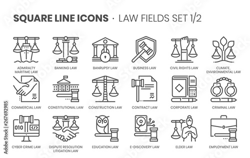 Law fields related, square line vector icon set for applications and website development. The icon set is editable stroke, pixel perfect and 64x64. Crafted with precision and eye for quality.