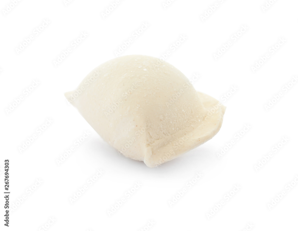 Raw dumpling with tasty filling on white background