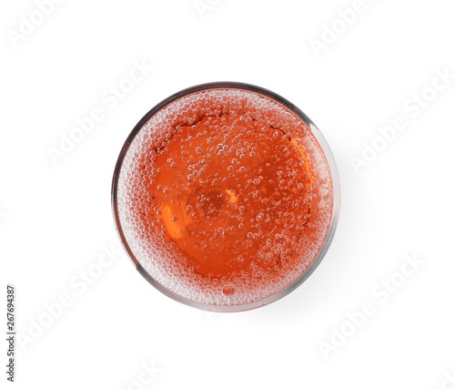 Glass of rose champagne isolated on white, top view