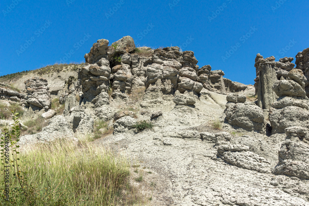 Summer landscape of Rock formation The Stone Dolls of Kuklica near town of Kratovo, Republic of North Macedonia