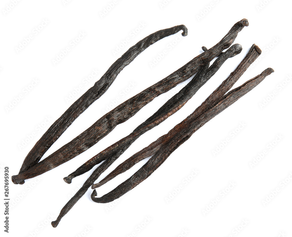 Dried aromatic vanilla sticks on white background, top view Dried aromatic vanilla sticks on white background, top view