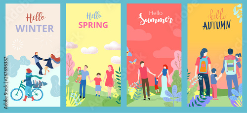 Hello summer, spring, autumn, winter. Set of posters or cards with people and outdoor seasonal entertainment.