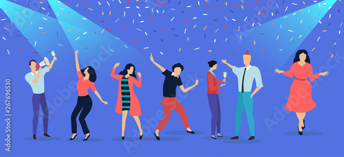 Party festive poster with people and confetti. Flat style design.
