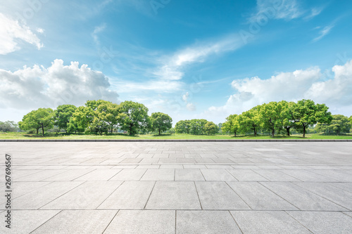 Empty square floor and green forest natural landscape