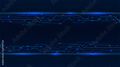 Banner from blue glowing neon circuit board lines