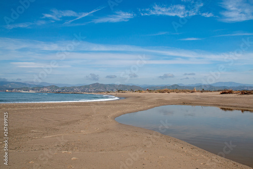 Sandbar where the Pacific ocean and the Santa Clara river meet at Surfers Knoll beach in Ventura California United States