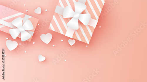 Top view of gift box decorated with heart shape and place for your text space on Valentine's day. Gift box design on pastel background. paper cut and craft style. vector, illustration.