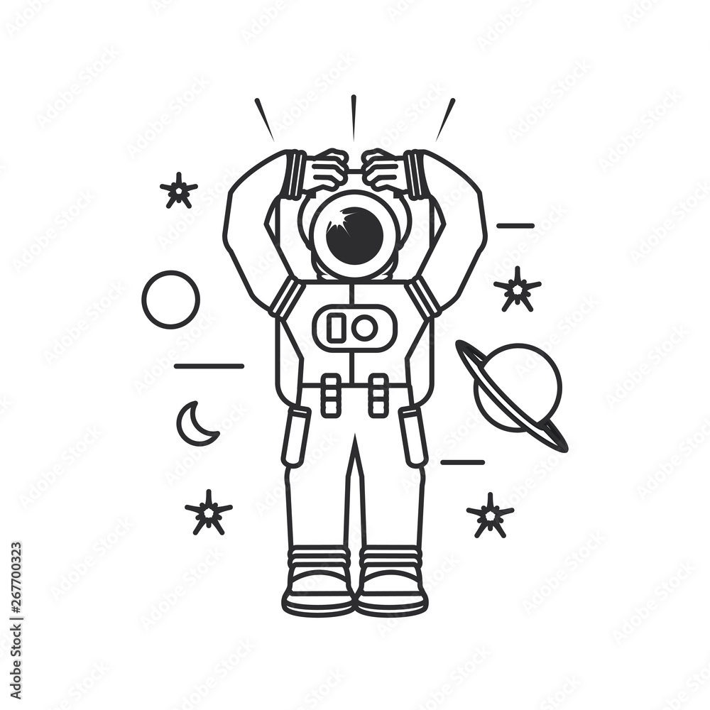 astronaut suit with hands up and set icons