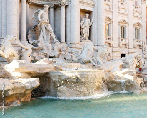 Color DSLR image of famous Trevi Fountain, Rome, Italy. Ancient landmark is popular with tourists. Horizontal with copy space for text.