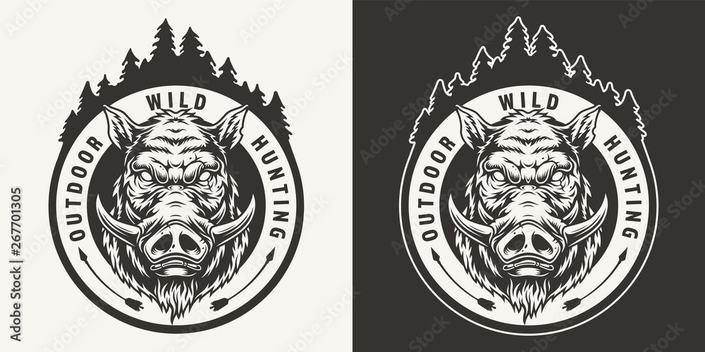 Vintage monochrome boar hunting round emblem