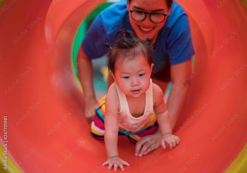 custom made wallpaper toronto digitalAsian baby girl playing with mom on playground