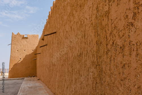 The wall and watchtower of Abu Jifan Fort and Palace, Riyadh Province, Saudi Arabia