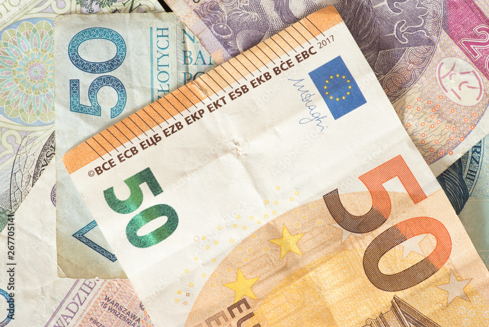 Geldscheine Euro und polnische Zloty PLN Geldscheine Euro und polnische Zloty PLN