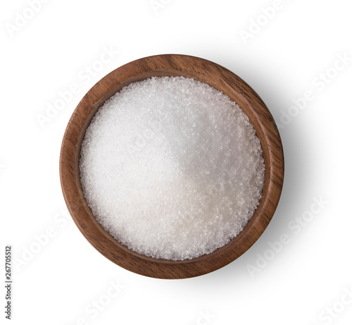Sugar in wooden bowl on white background