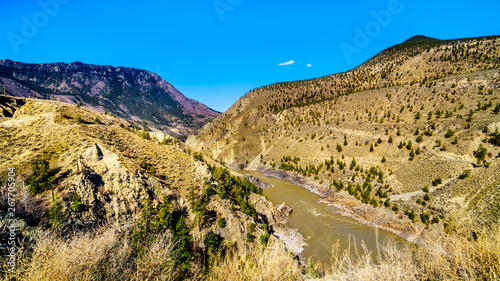 View of the Fraser River along Highway 99, from the area called the 10 mile slide or Fountain Slide, as the river flows to the town of Lillooet in the Chilcotin region on British Columbia, Canada