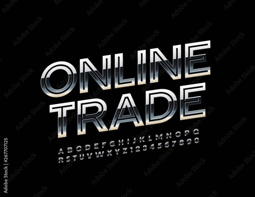 Vector metallic emblem Online Trade. Uppercase reflective Font. Chrome creative Alphabet Letters and Numbers 