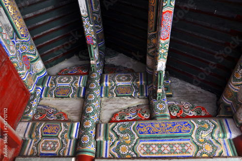 Colorful Paintings on the beam in the Shenyang Imperial Palace Mukden Palace, Shenyang, Liaoning Province, China. Shenyang Imperial Palace UNESCO world heritage site built in 400 years ago. photo