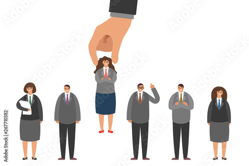 Isolated on white human resource job candidate choice employer recruitment choosing man woman group staff concept modern cartoon flat design vector illustration
