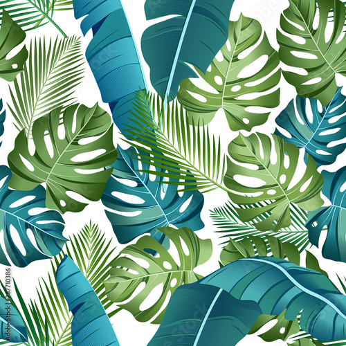 Seamless pattern with tropical leaves: palms, monstera, banana leaves, jungle leaf seamless vector pattern white background. Swimwear botanical design. Vector. - Vector