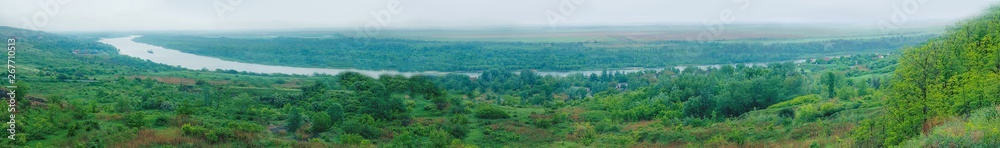 Background, natural landscape, river, dawn, fog, morning, panorama. Save the earth and nature for posterity. The concept of environmental protection. Selective focus, copy space. Banner
