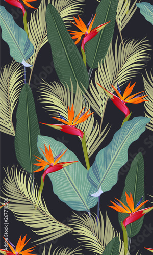Wallpaper Mural Seamless pattern tropical leaves with bird of paradise on black background Torontodigital.ca