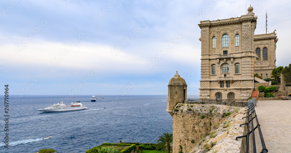Panoramic of the Mediterranean Sea and the Museum of Oceanography in Monaco, Cote d'Azur or the French Riviera