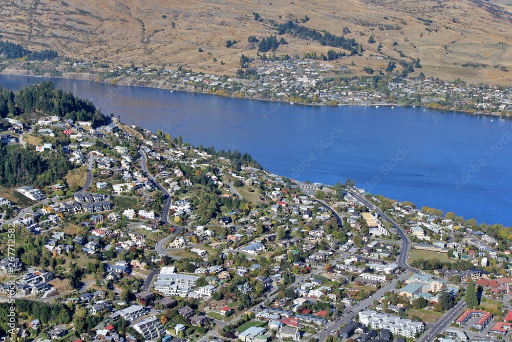 Aerial view of Queenstown from the skyline hill top, a view from gondola.