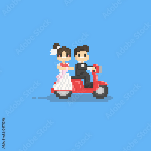 Pixel cute wedding couple character riding a red scooter.8bit.