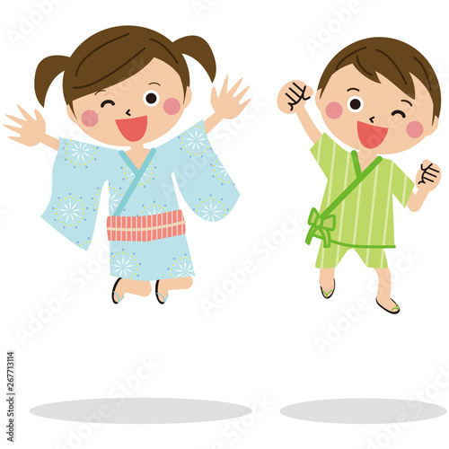 子供が男女2人 浴衣や甚平を着て元気にジャンプ1 Stock Vector Adobe Stock