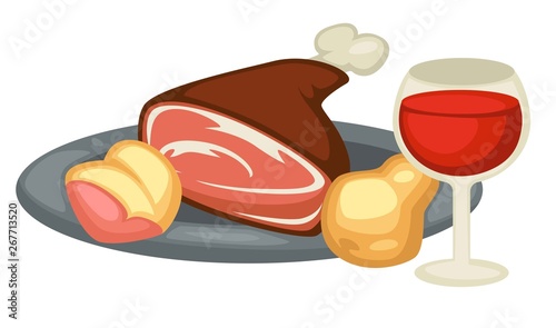 Meat leg pear and red wine Renaissance traditional food and drink