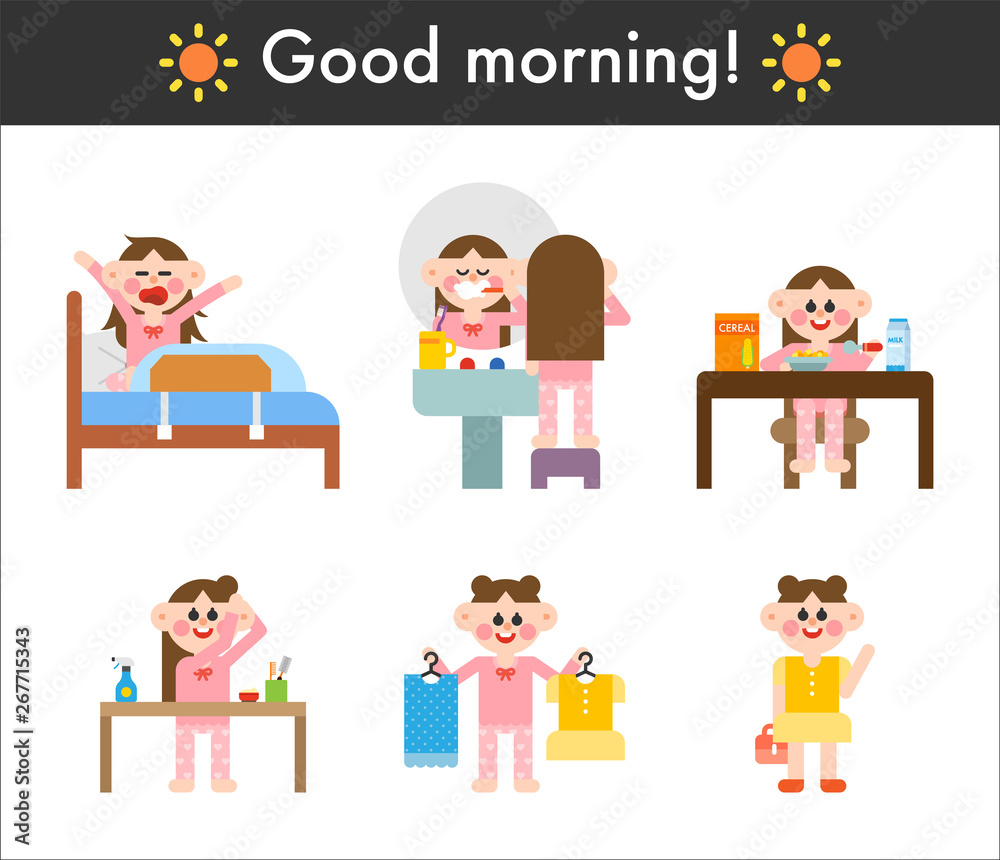Cute Girl's Morning Routine. flat design style minimal vector illustration