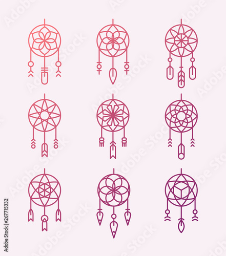 DreamCatcher with various patterns. flat design style minimal vector illustration