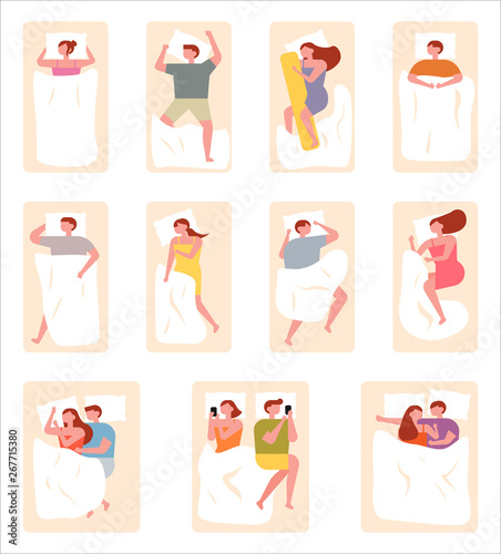 Various poses of sleeping people. flat design style minimal vector illustration