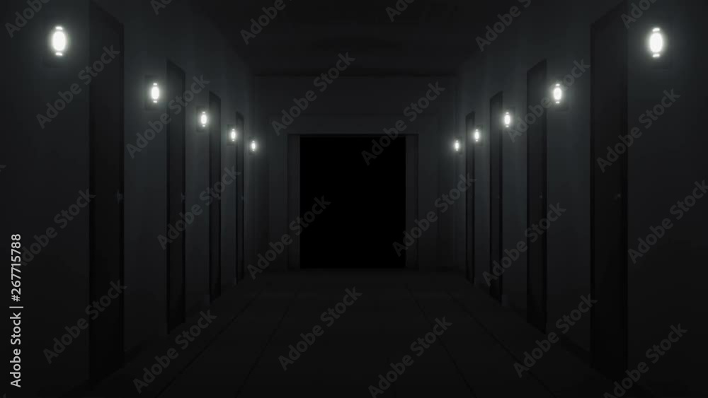 Dark corridor with elevator opening in the end. 3d rendered animation of abstract dark corridor with mask included.