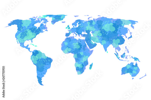 Blue watercolor world map vector illustration with different continents of the globe in white background