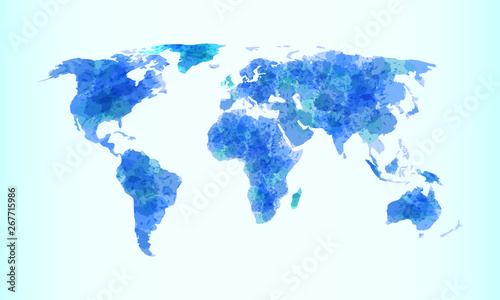 Blue watercolor world map vector illustration with different continents of the globe in light background
