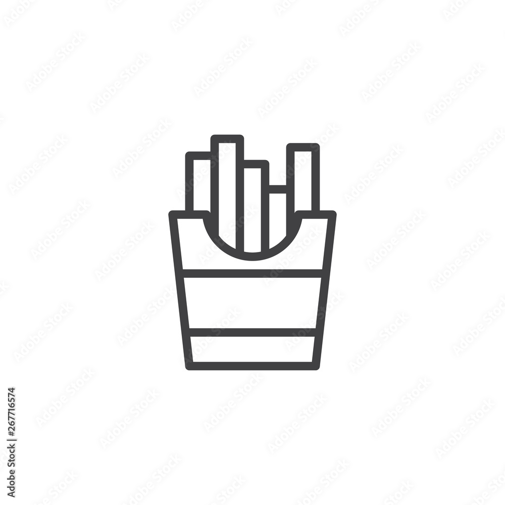 French fries box line icon. linear style sign for mobile concept and web design. Fried potato sticks outline vector icon. Take away fast food symbol, logo illustration. Pixel perfect vector graphics French fries box line icon. linear style sign for mobile concept and web design. Fried potato sticks outline vector icon. Take away fast food symbol, logo illustration. Pixel perfect vector graphics